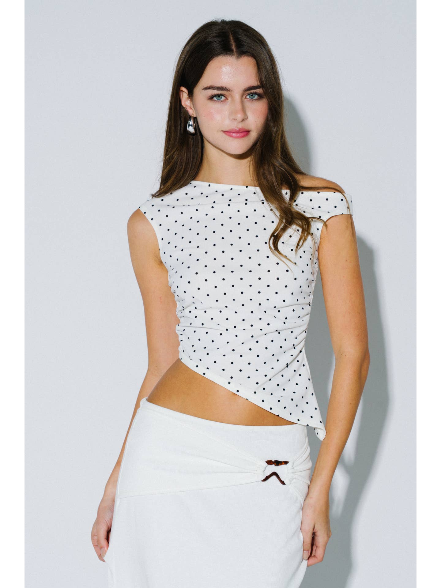Polka Dot Asymmetrical Off Shoulder Top