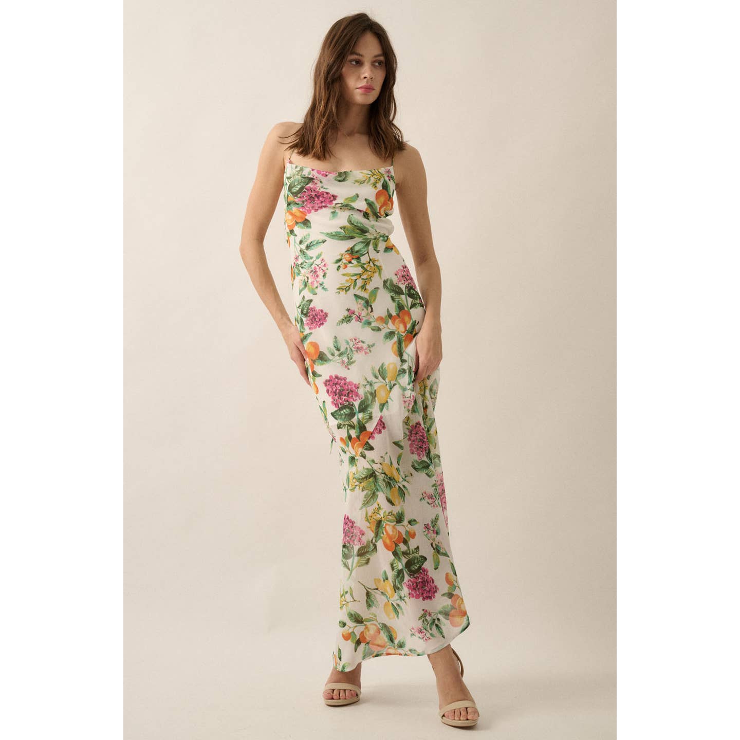 Floral Chiffon Open-Back Draped Cowl Maxi Dress