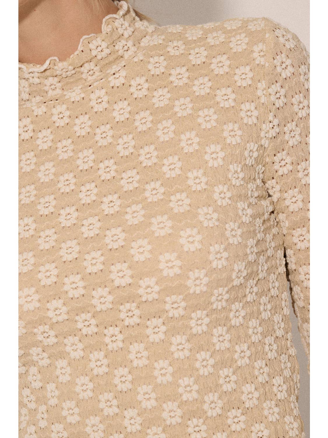 Textured Floral Lace Cropped Mock Neck Top