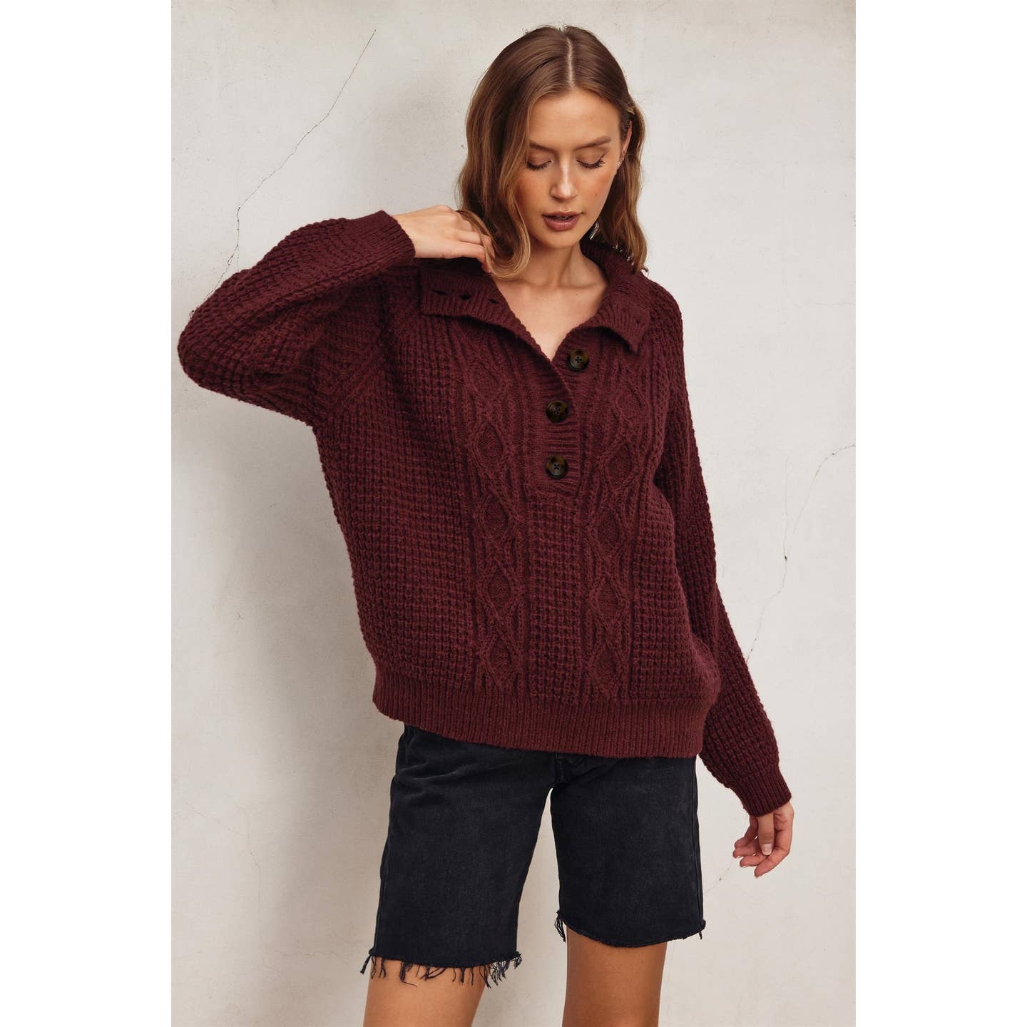 Cable Knit Waffle Boxy Sweater
