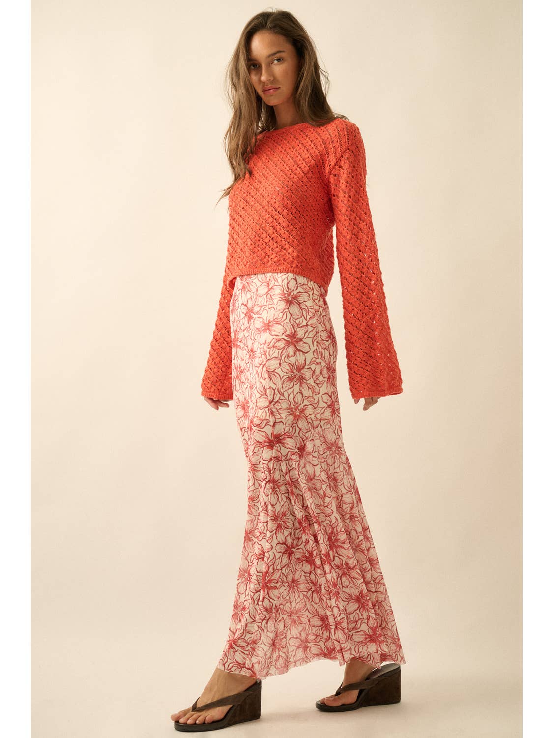 Floral-Print Mesh Godet Pleated Mermaid Maxi Skirt