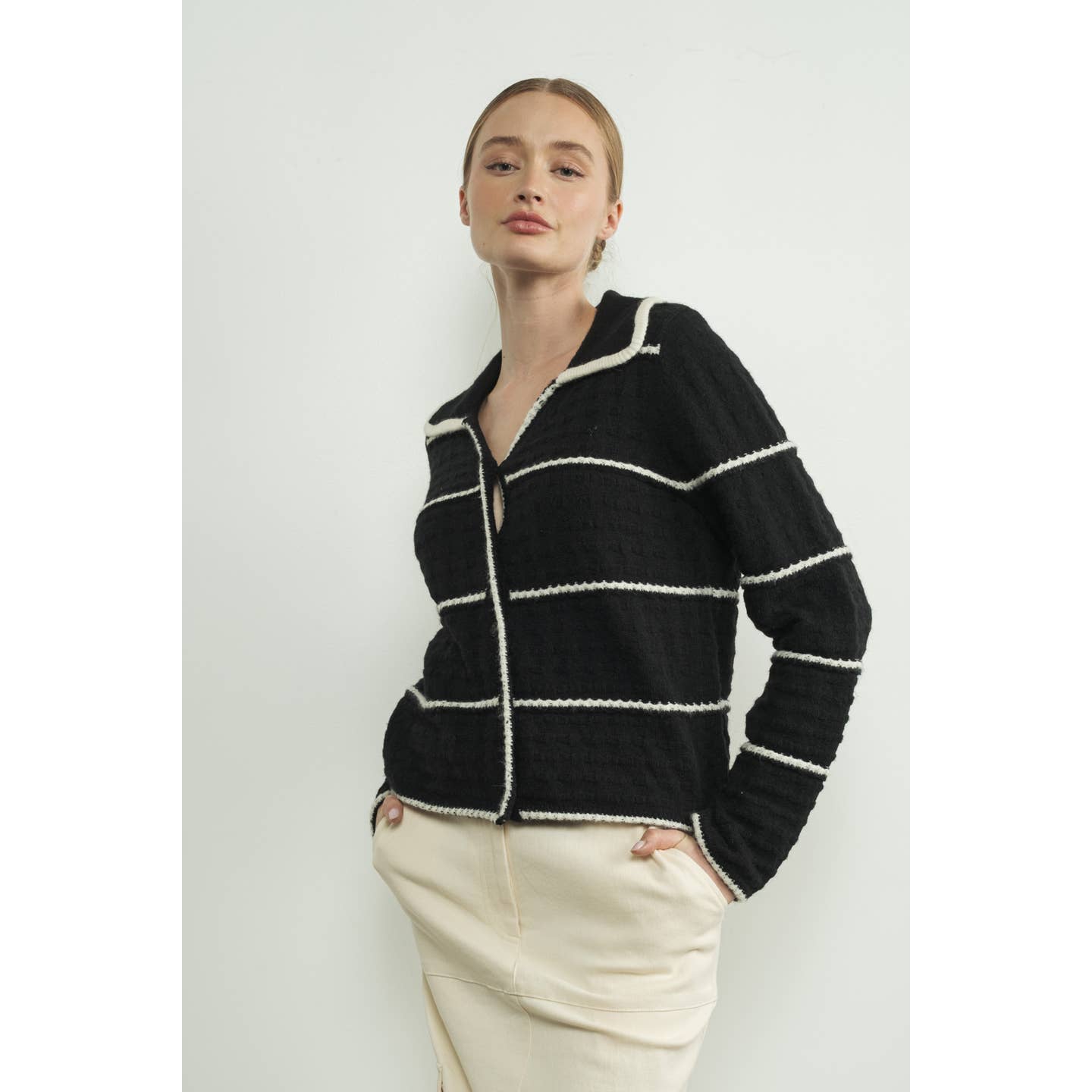 tripe Cardigan with Collar