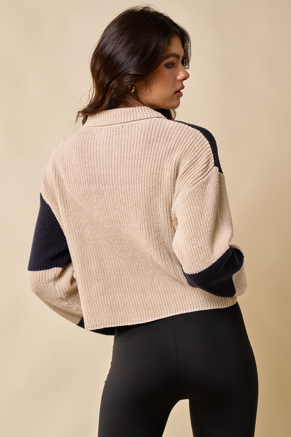 Color Block Collared Zip Up Sweater