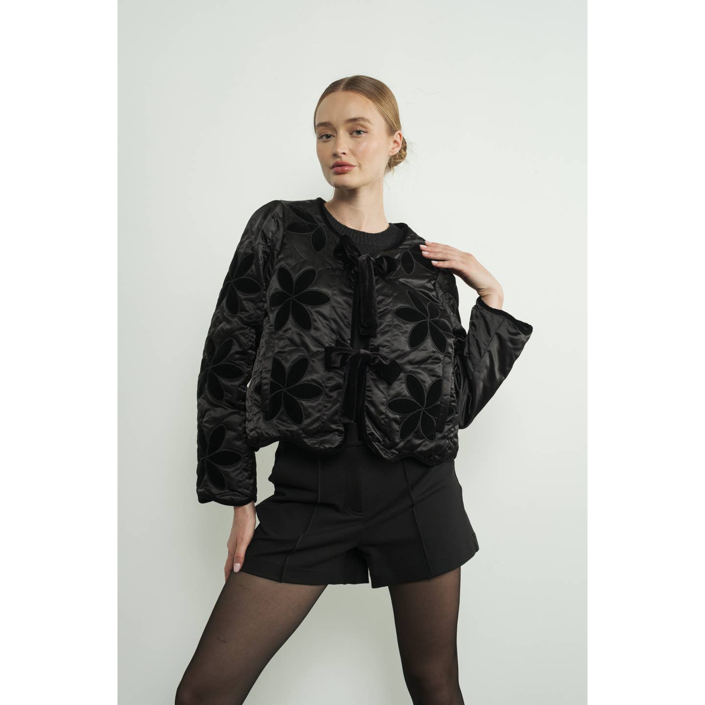 Holiday Wave Hem Patchwork Jacket with Bow