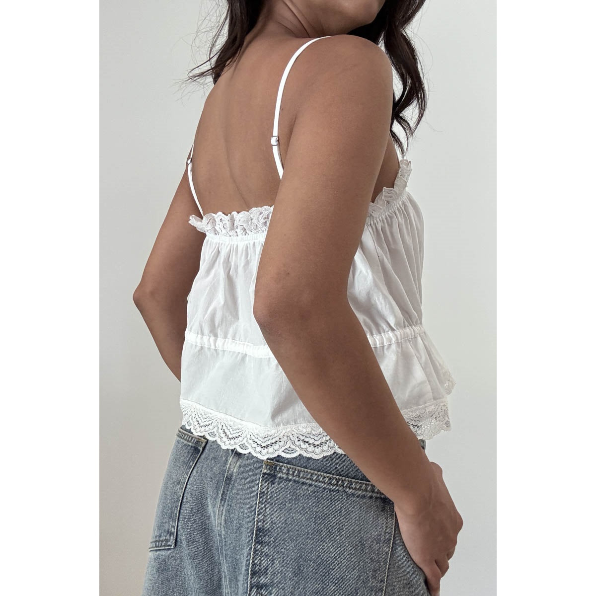 Button Down Lace Trim Spaghetti Strap Top