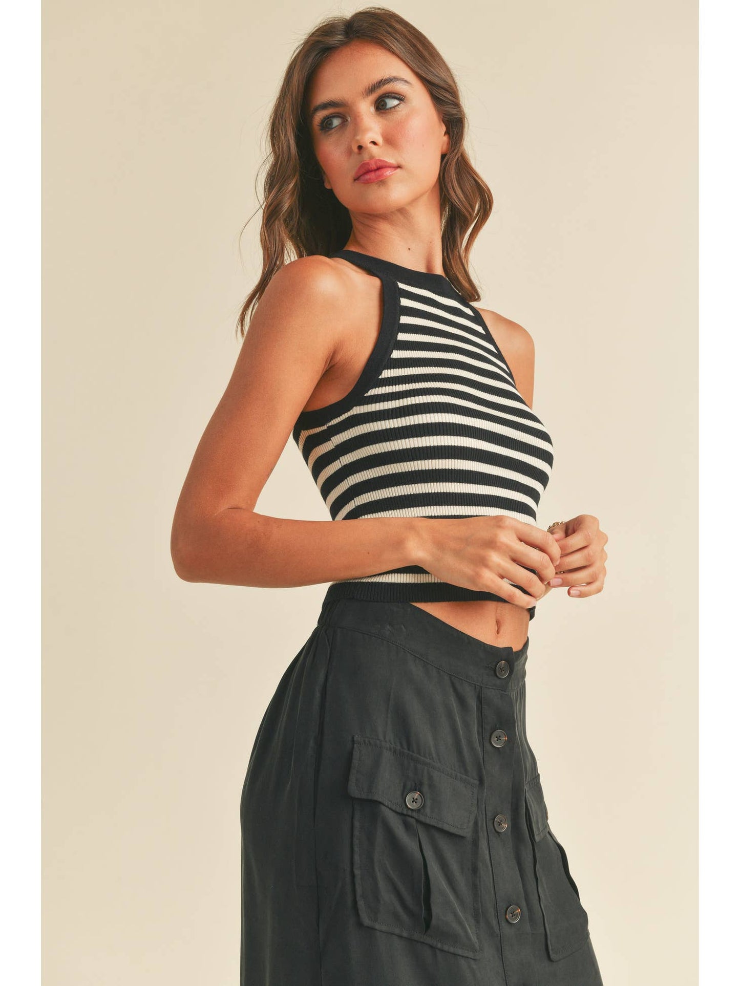 Knitted Striped High Neck Top