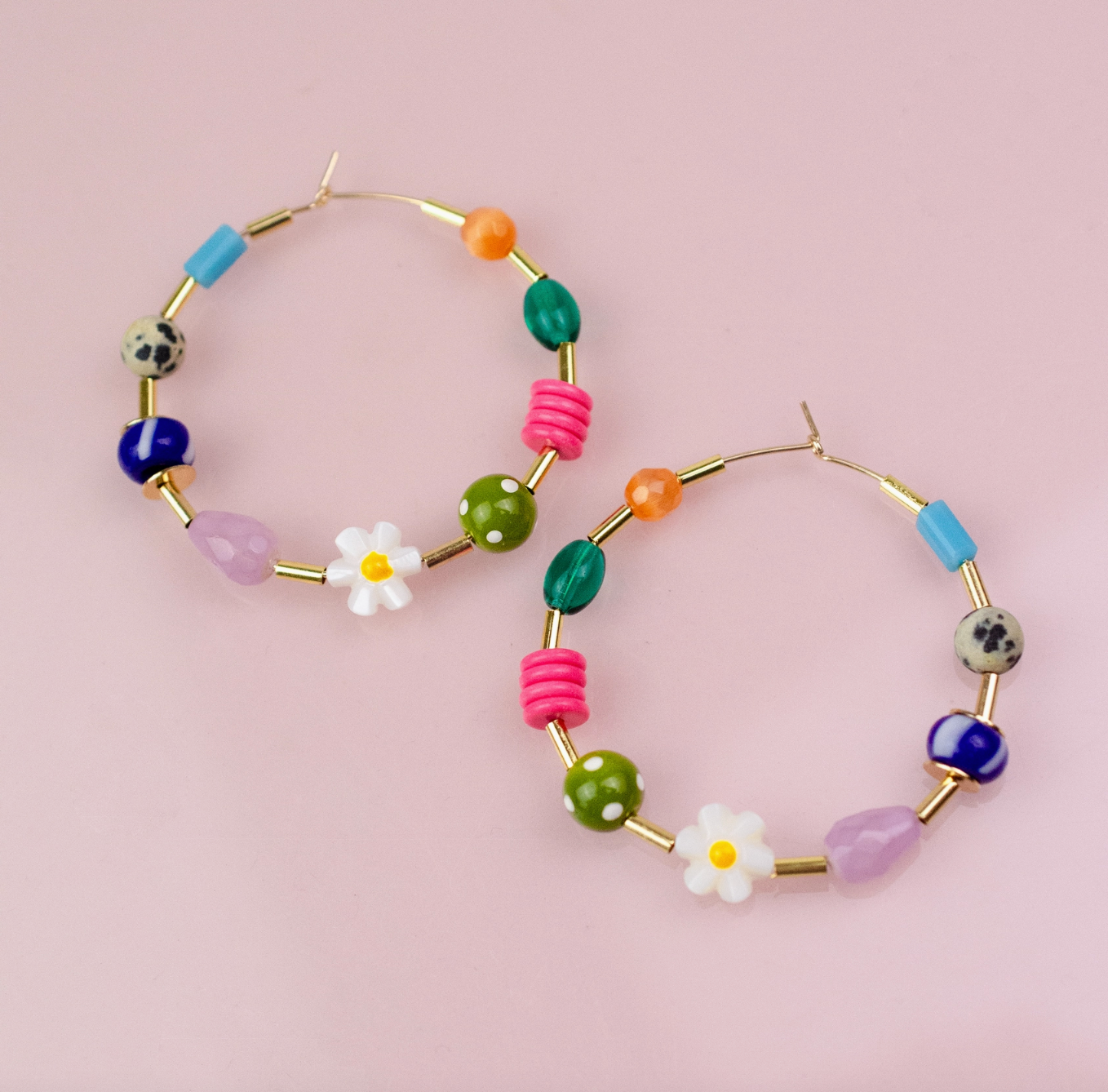 Flower and Seed Bead Large Beaded Hoops