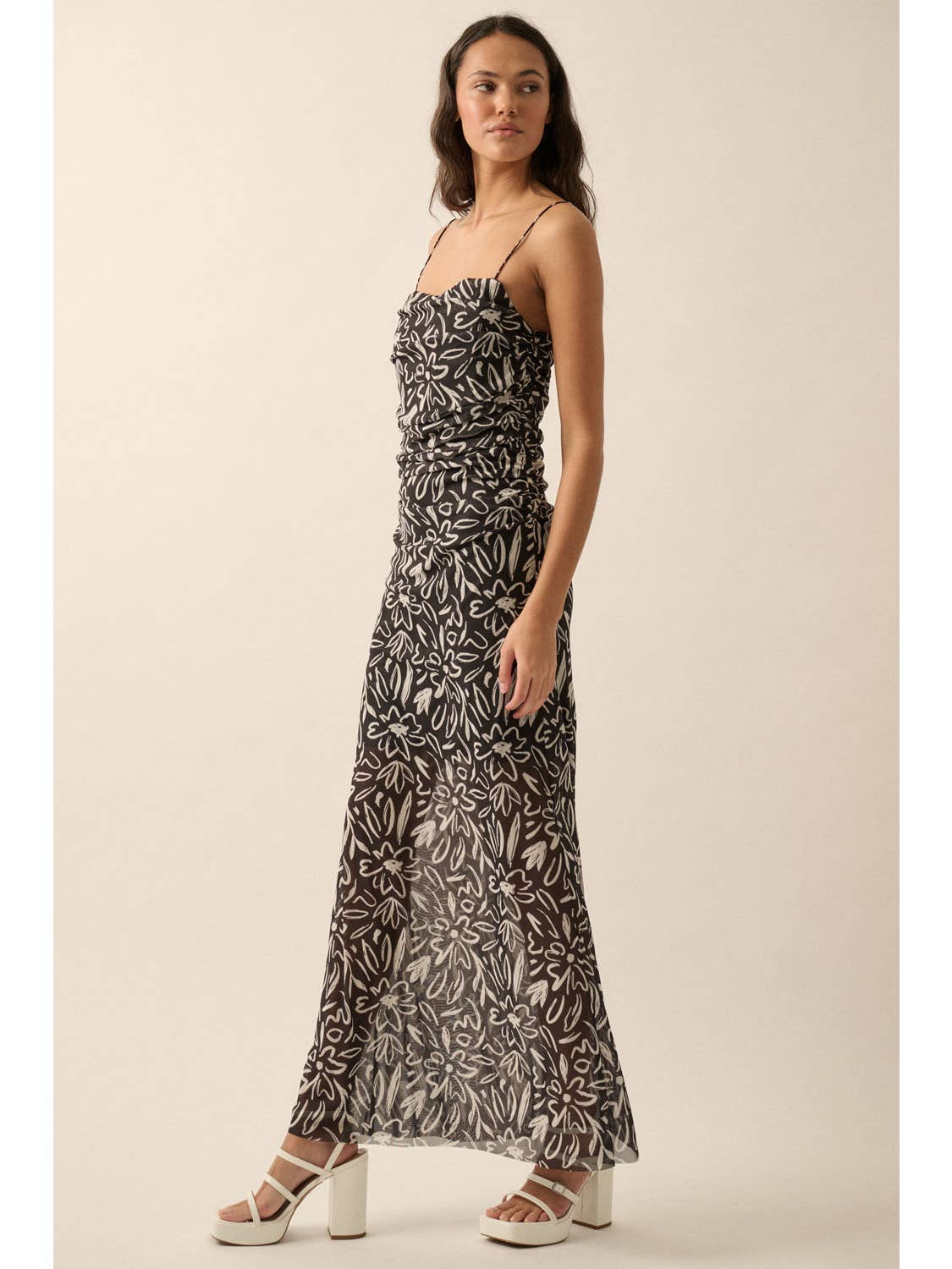 Floral Mesh Ruched-Bodice Slip Dress