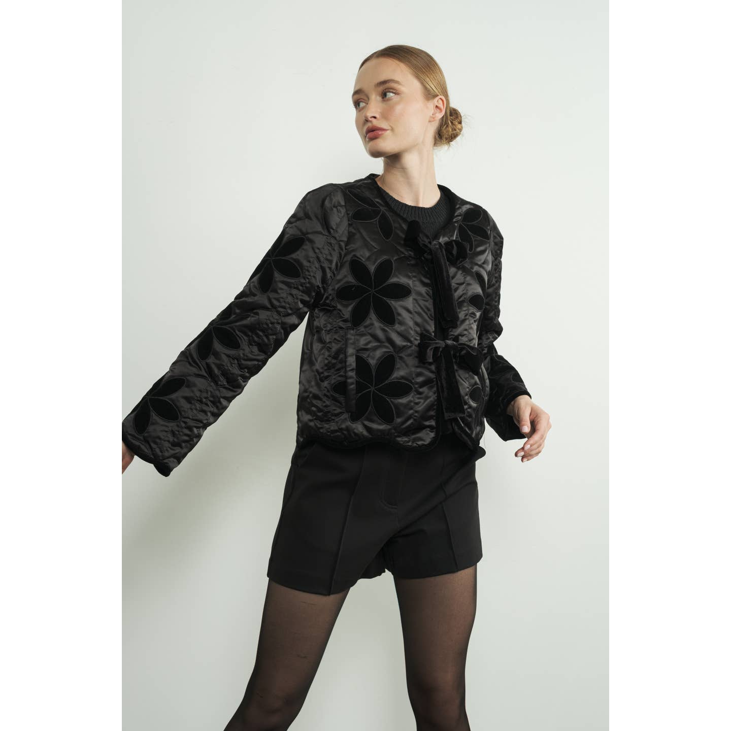 Holiday Wave Hem Patchwork Jacket with Bow