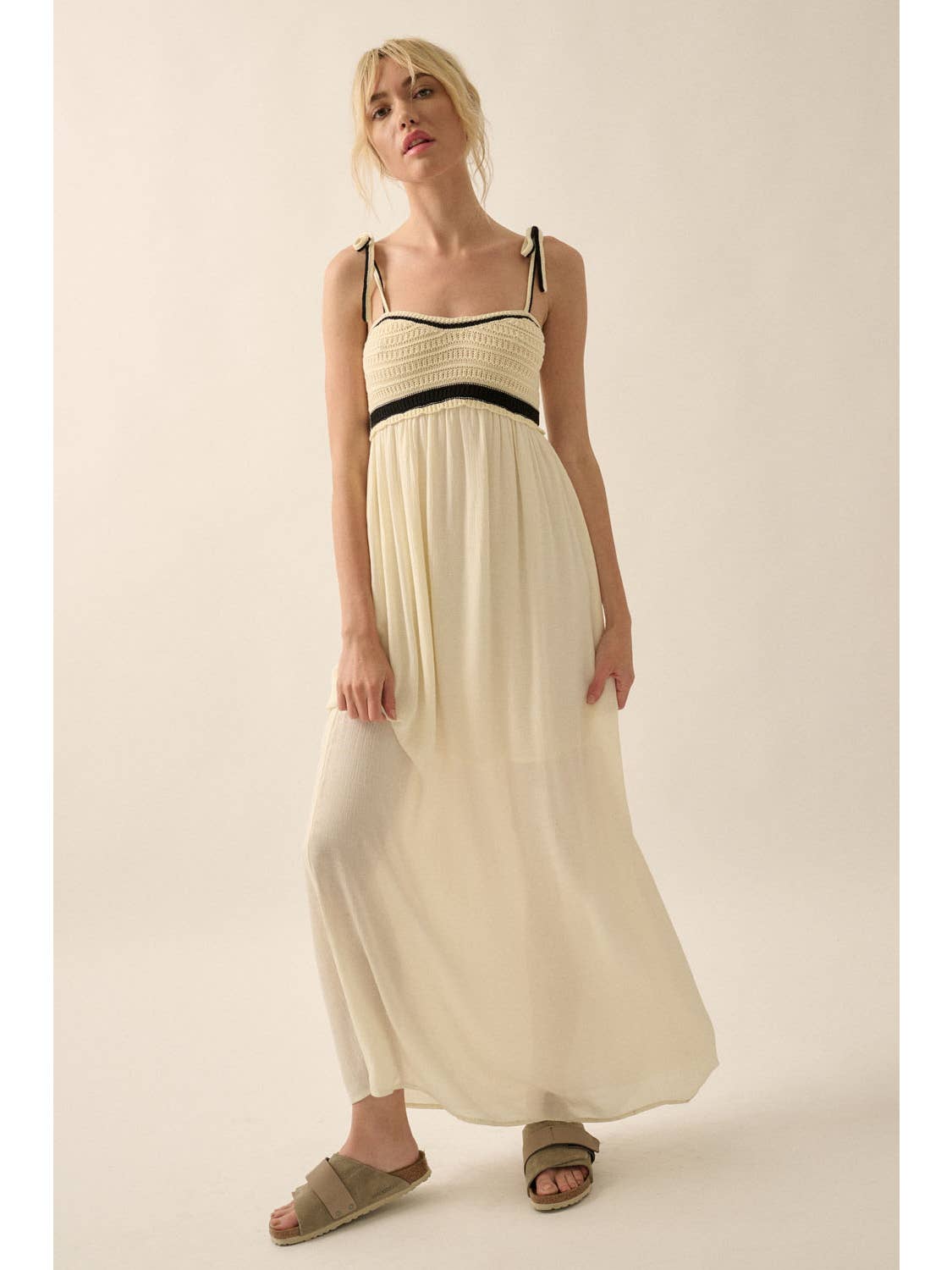 Cotton Crochet-Bodice Empire-Waist Maxi Dress