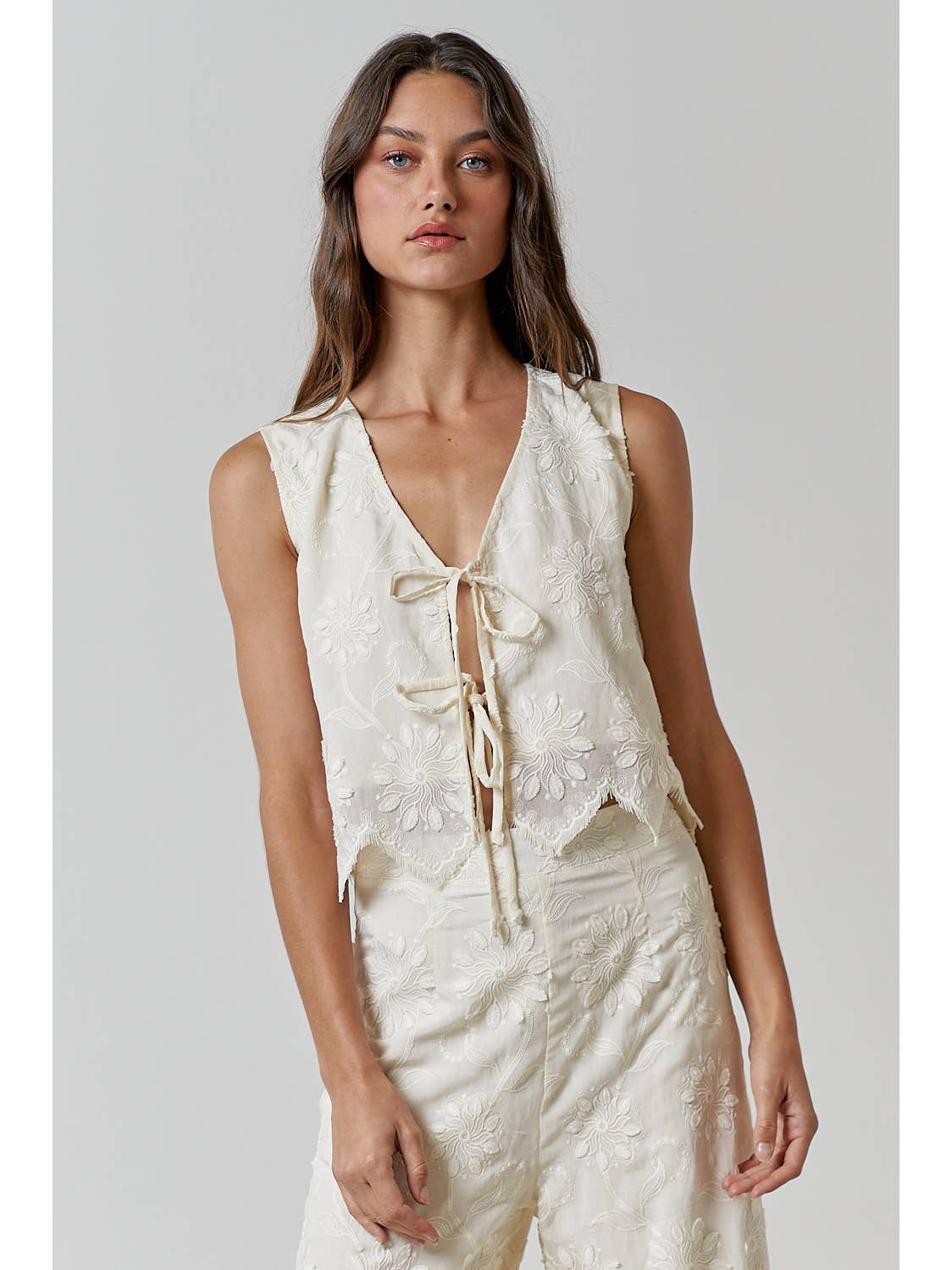 Floral Embroidery Front Tie Sleeveless Top