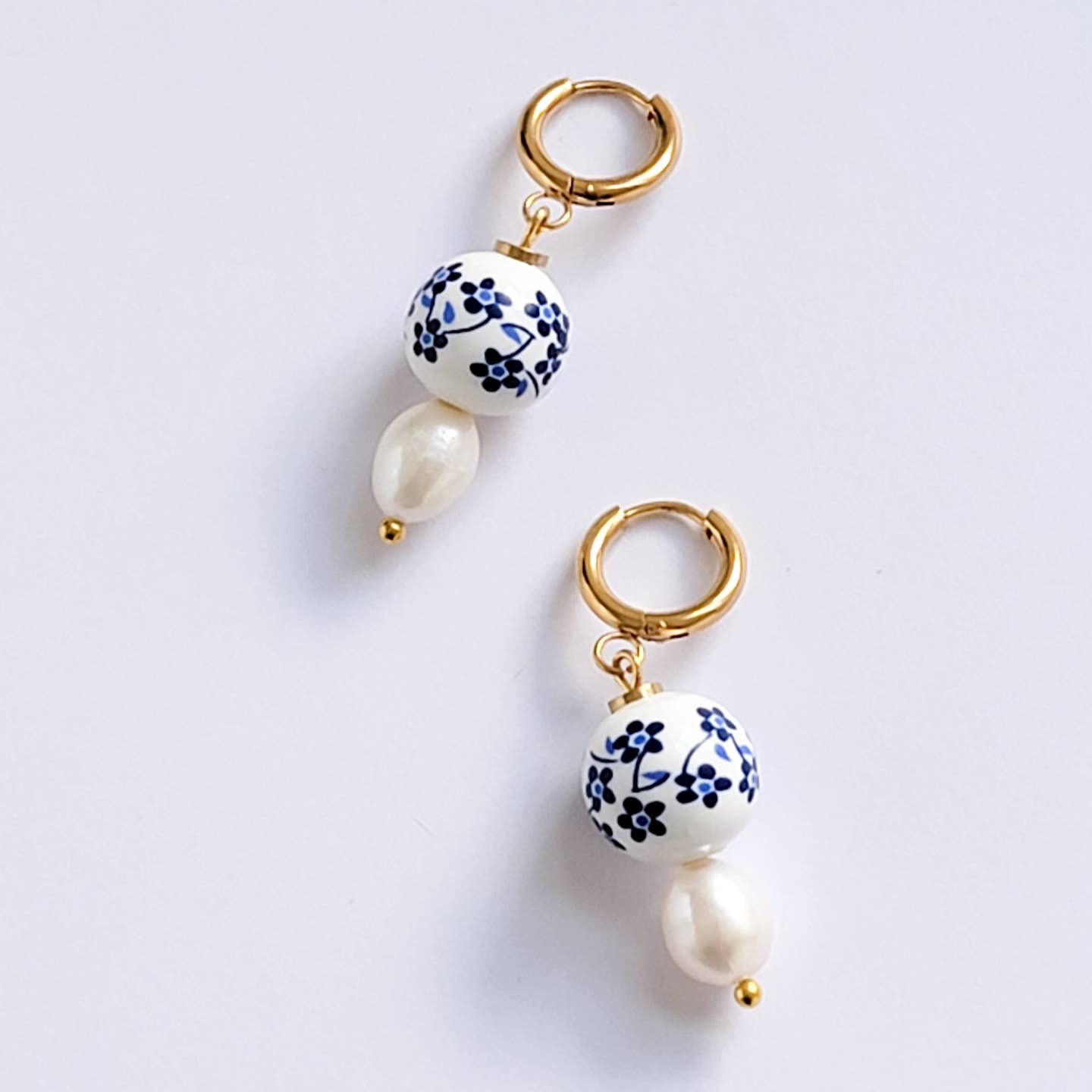 Ceramic Beads and Freshwater Pearl Earrings