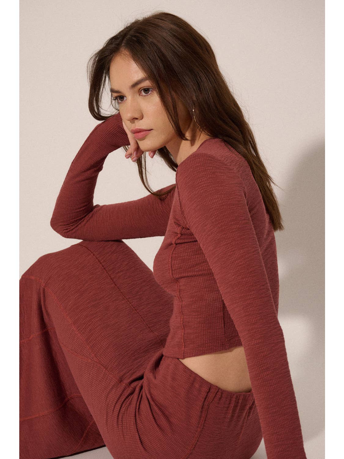 Solid Round Neck Rib Knit Inverted Seam Crop Top