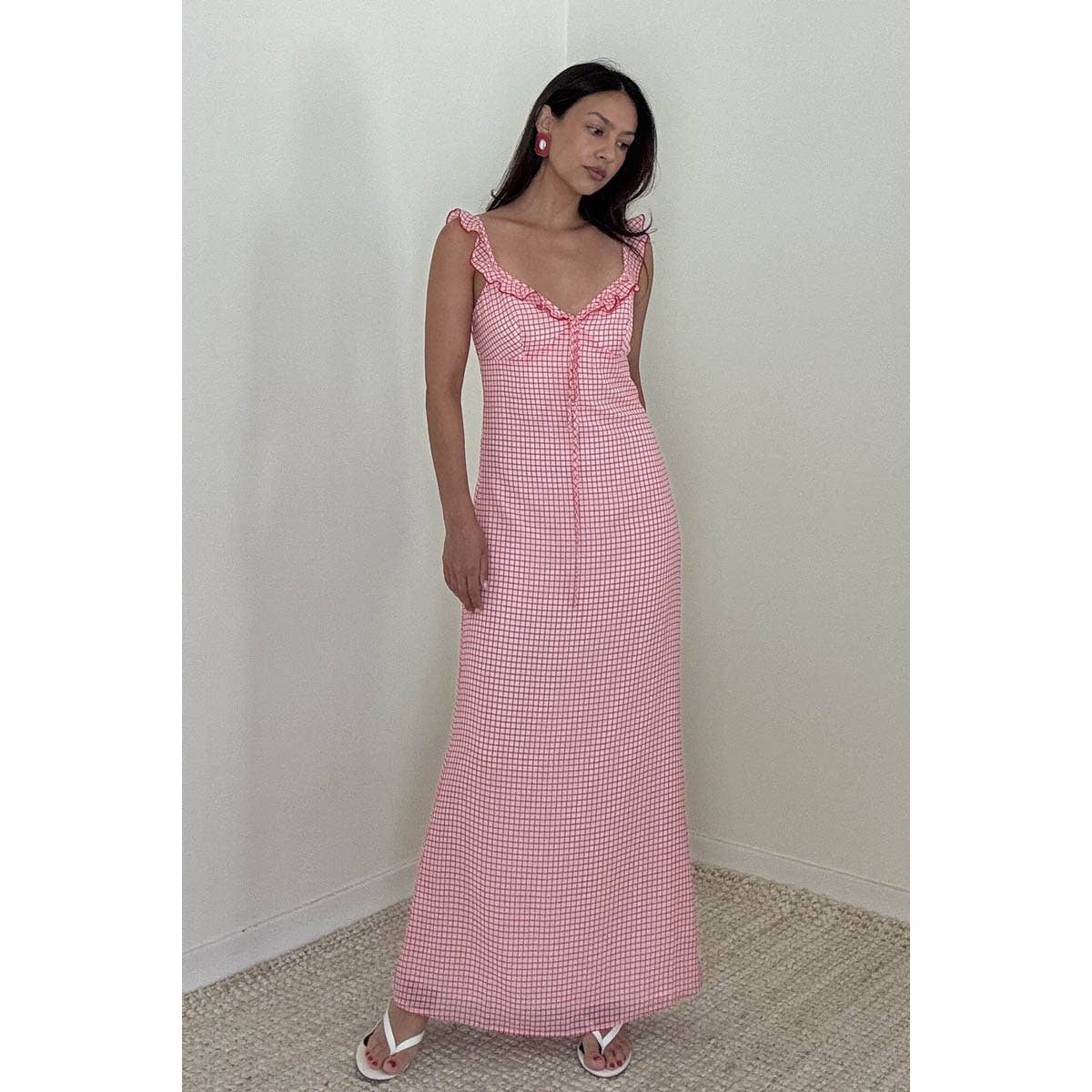 Gingham Print Chiffon Ruffle Neck Maxi Dress