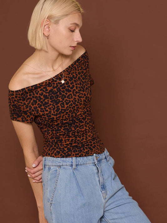 Off-The-Shoulder Leopard Jersey Top