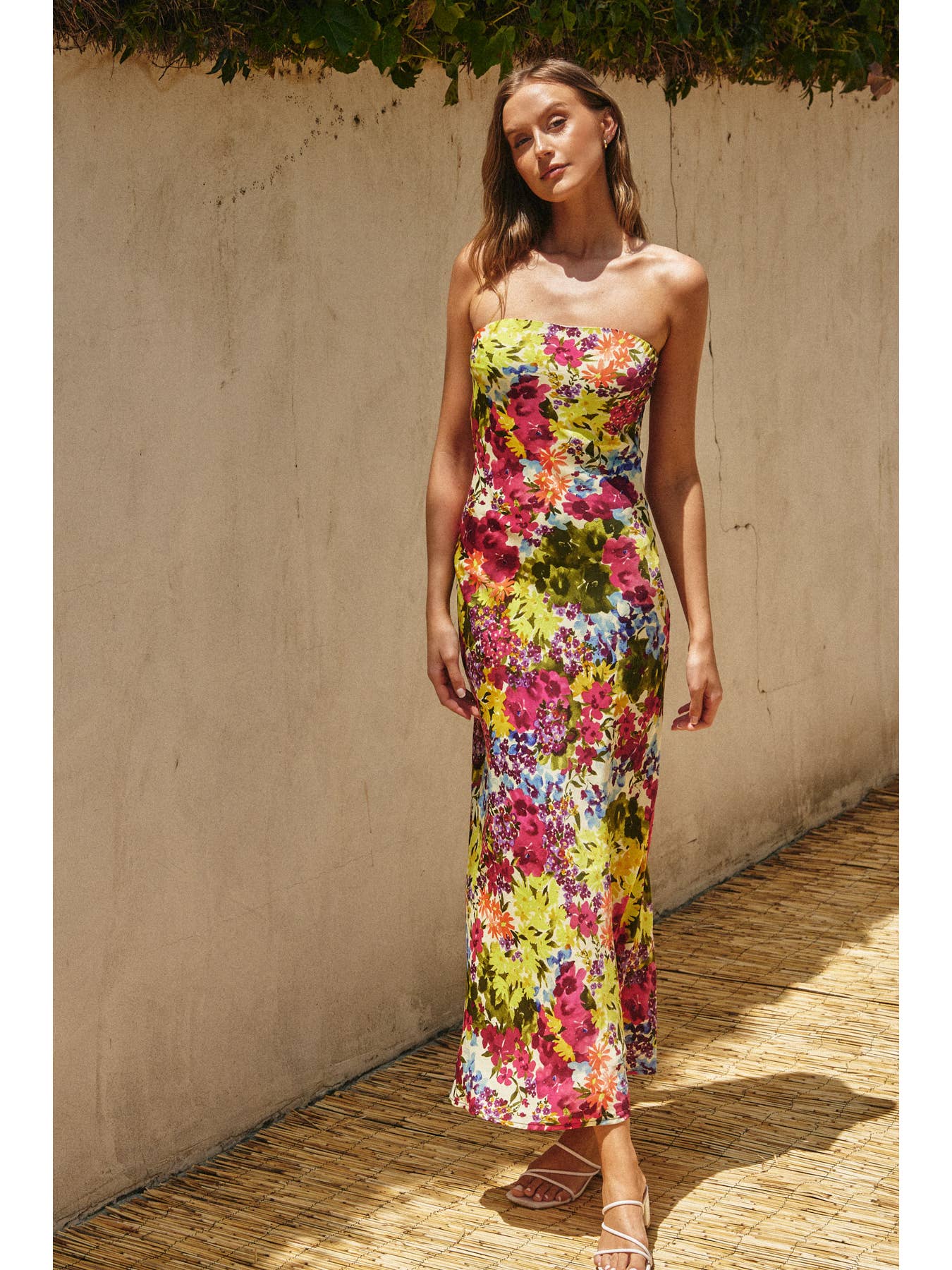 Floral Strapless Bias Cut Maxi Dress