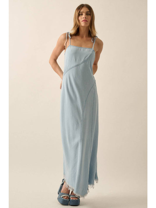 Denim Straight-Neck Contour-Seam Maxi Dress