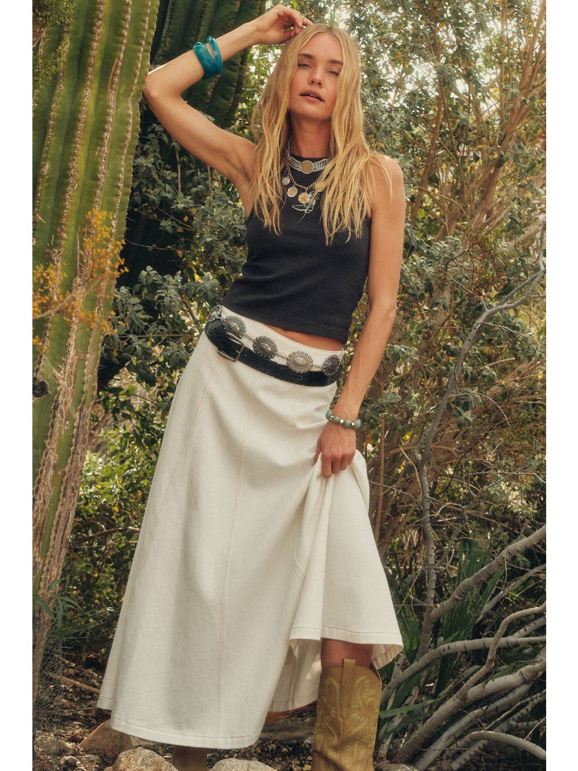 Denim Paneled A-Line Maxi Skirt