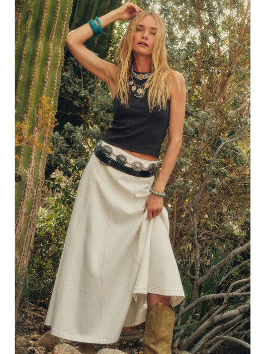 Denim Paneled A-Line Maxi Skirt