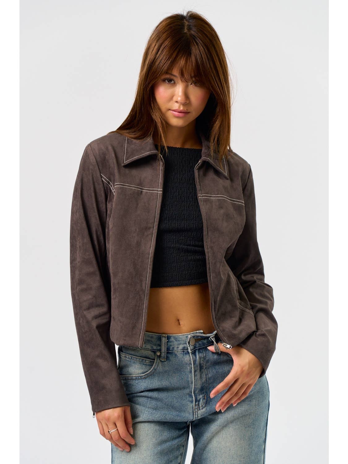 Suede Jacket with Contrast Stitching