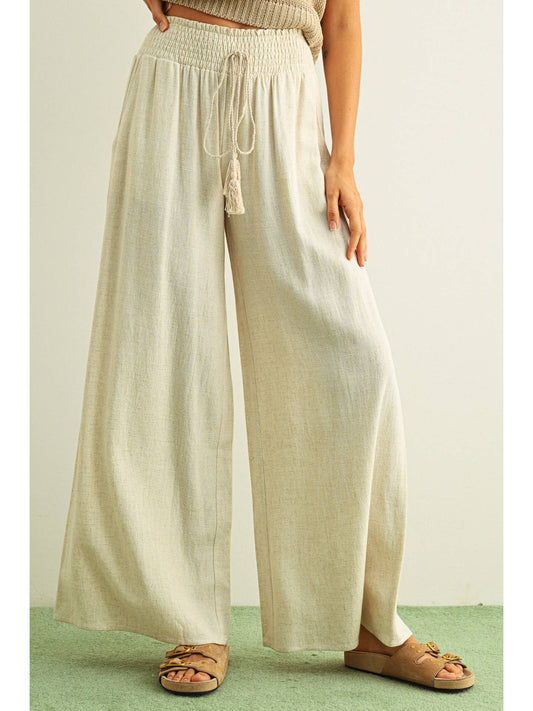 Cotton Linen Smocked Waist Pants with Tassel