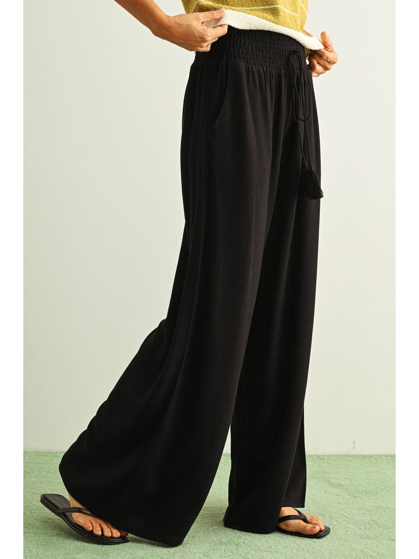 Cotton Linen Smocked Waist Pants with Tassel