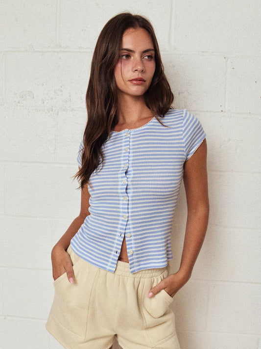 Striped Ribbed Button Front Top