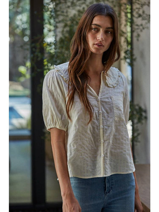 Woven Cotton V-Neck Ruffle Collared Button Down Top