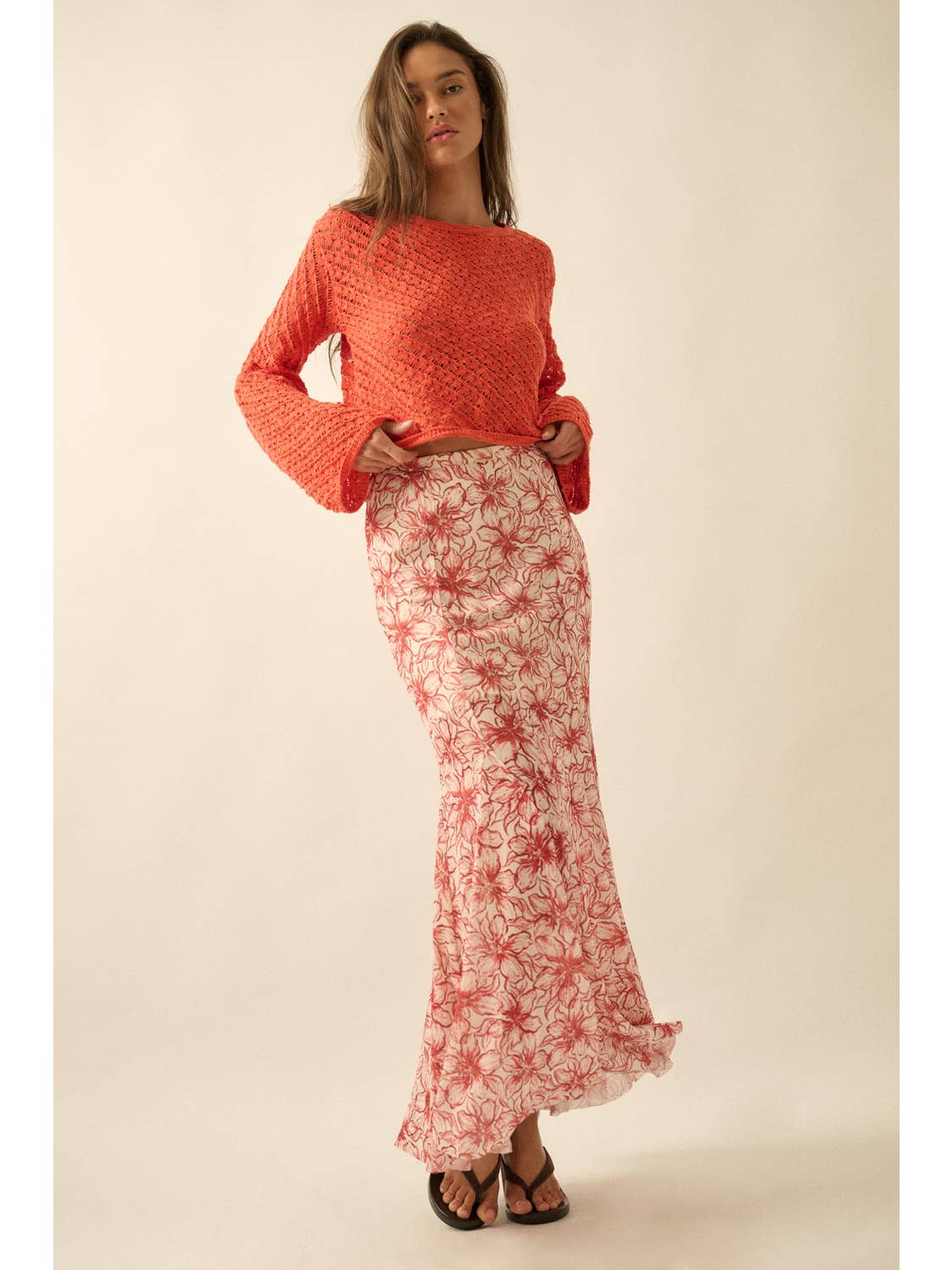 Floral-Print Mesh Godet Pleated Mermaid Maxi Skirt