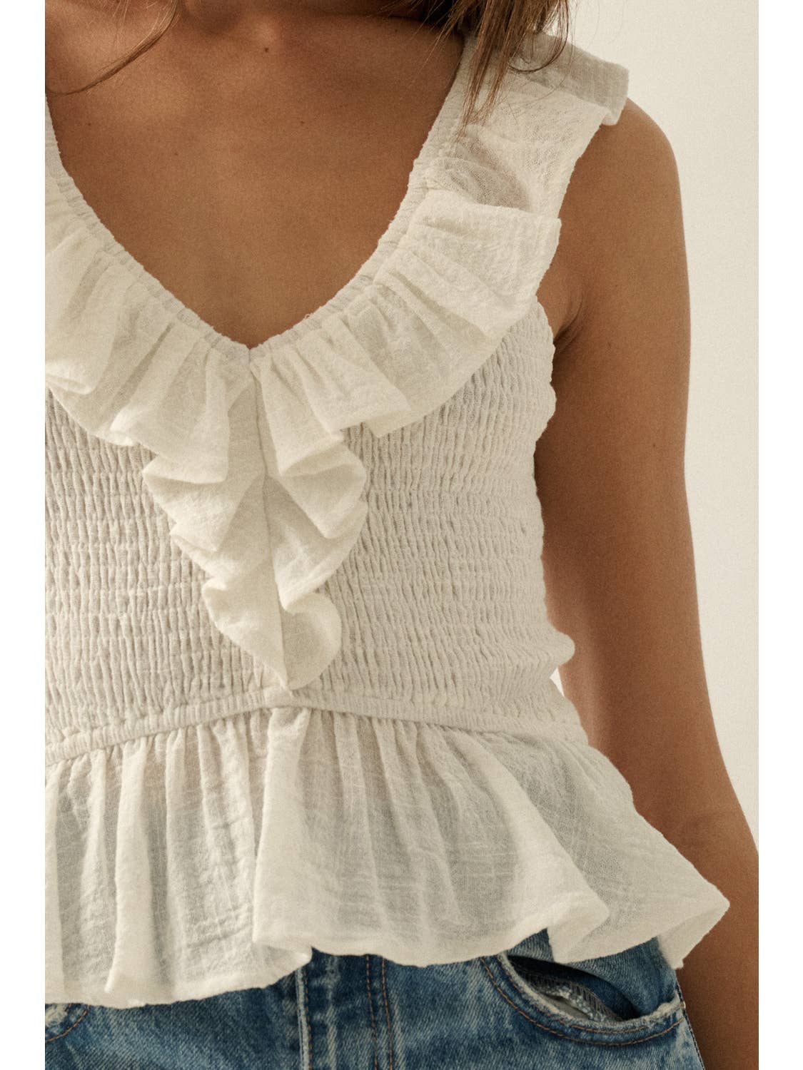 Cotton Gauze Ruffle V-Neck Tank Top