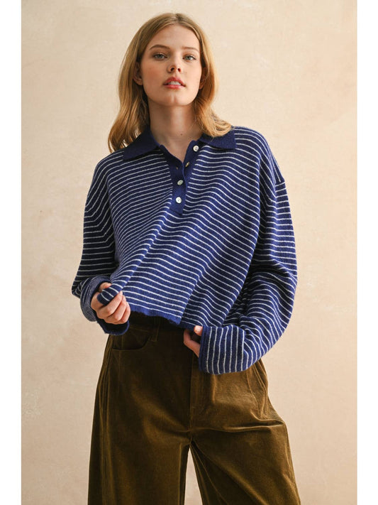 Stripe Long Sleeve Collared Top