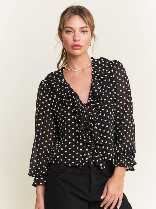 Black Ruffle Printed Semi-Sheer Top