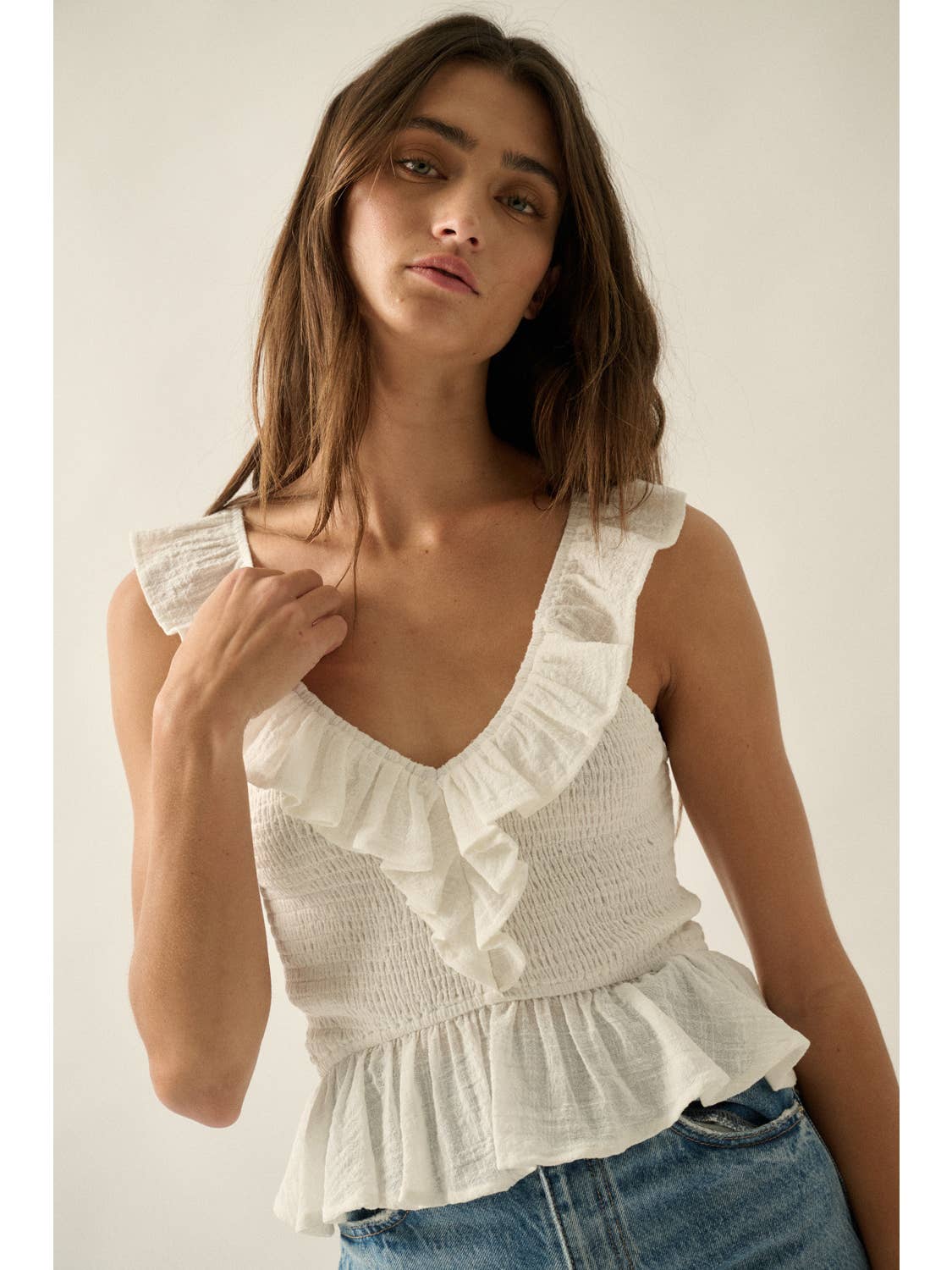 Cotton Gauze Ruffle V-Neck Tank Top