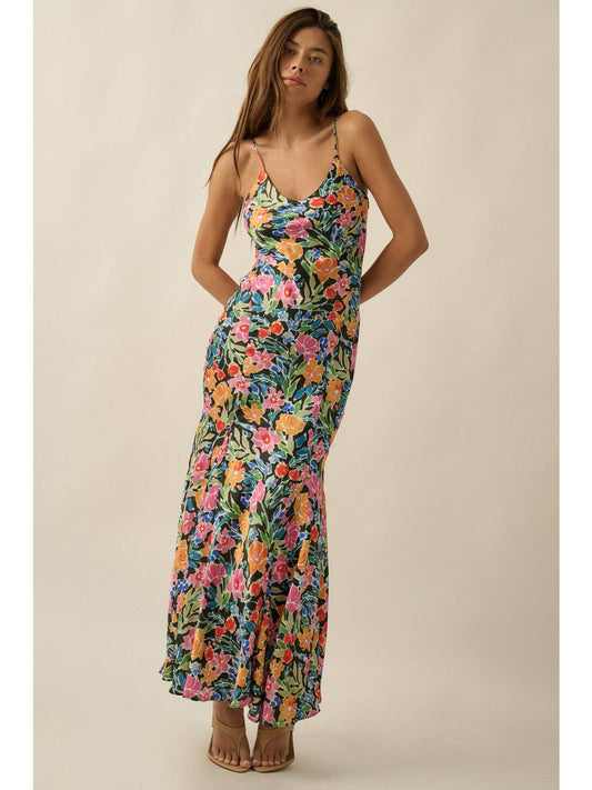Floral-Print Satin Scoop Slip Dress