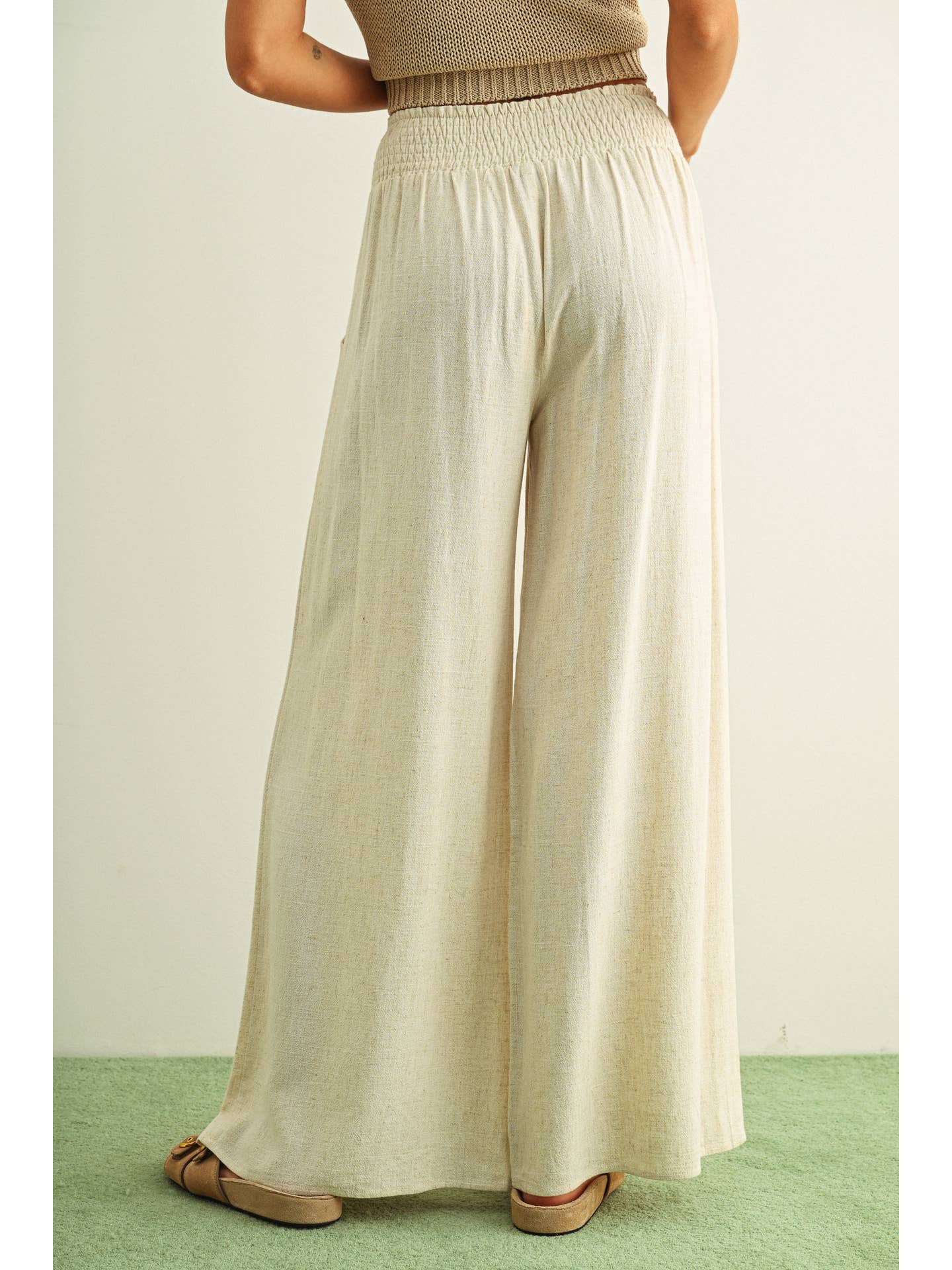 Cotton Linen Smocked Waist Pants with Tassel