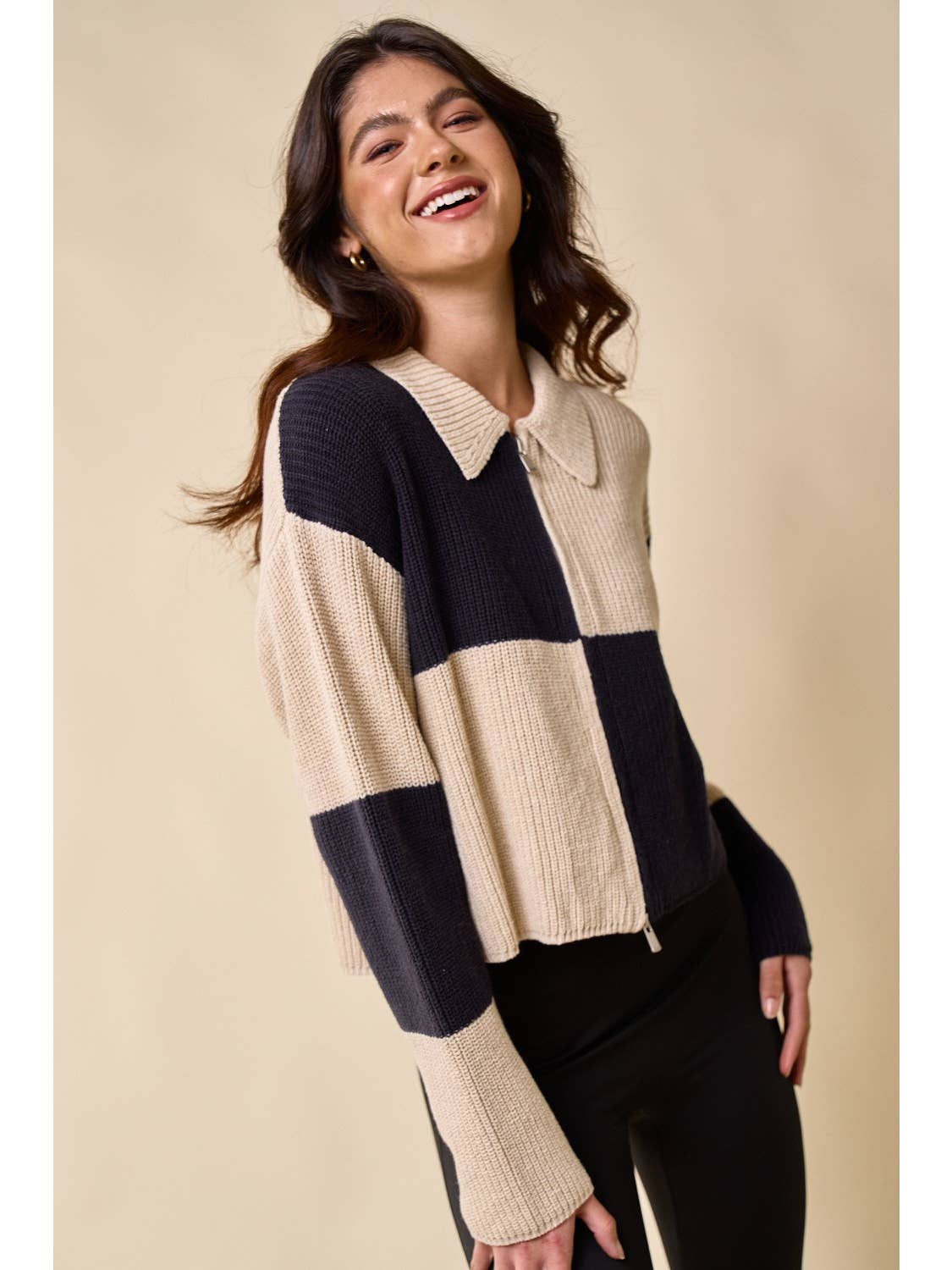 Color Block Collared Zip Up Sweater