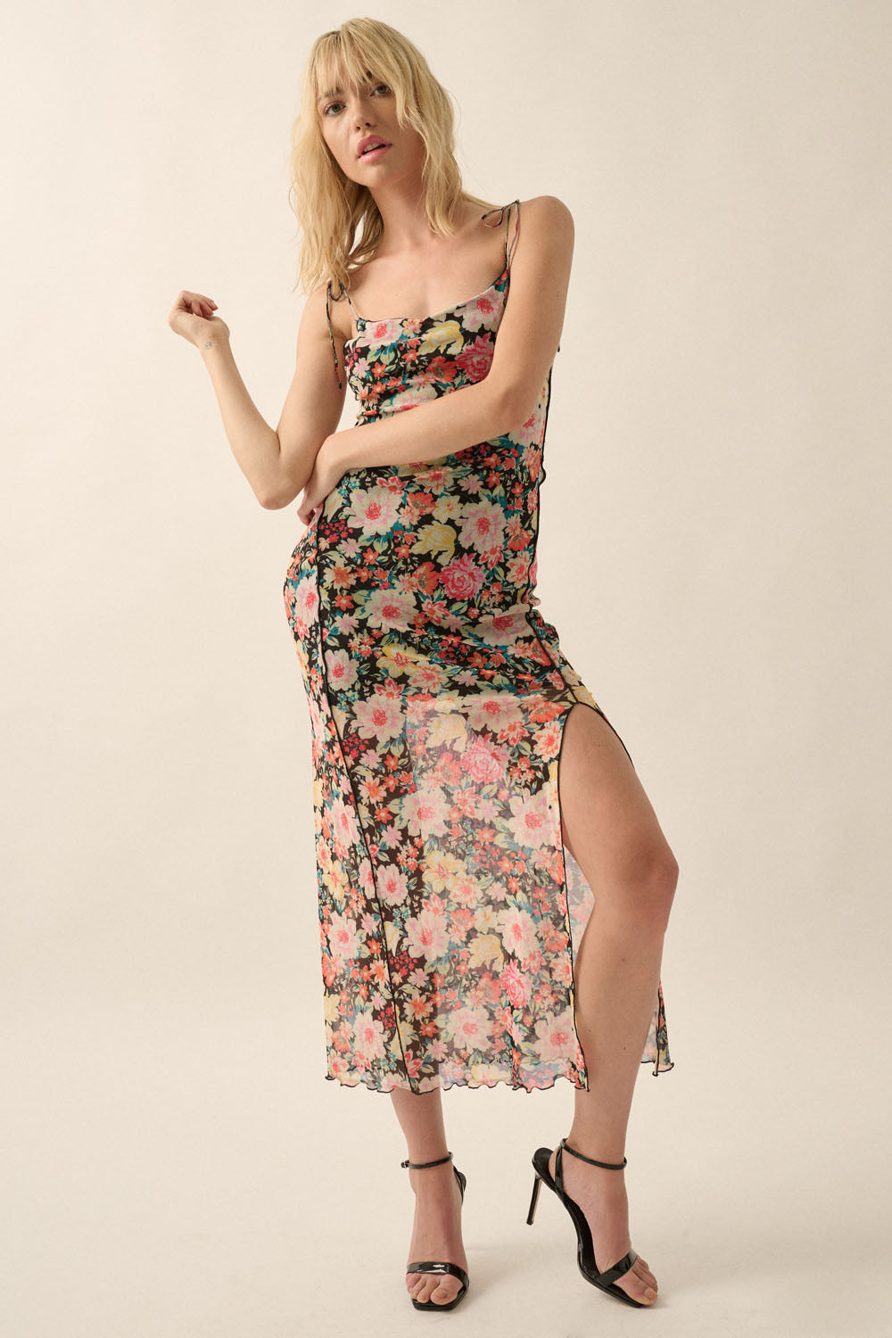 Floral Mesh Midi Slip Dress