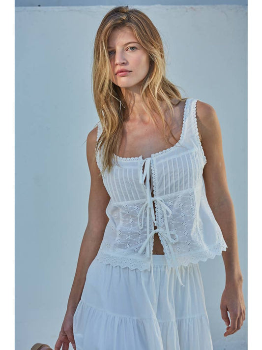 Woven Cotton Eyelet Square Neck Sleeveless Top