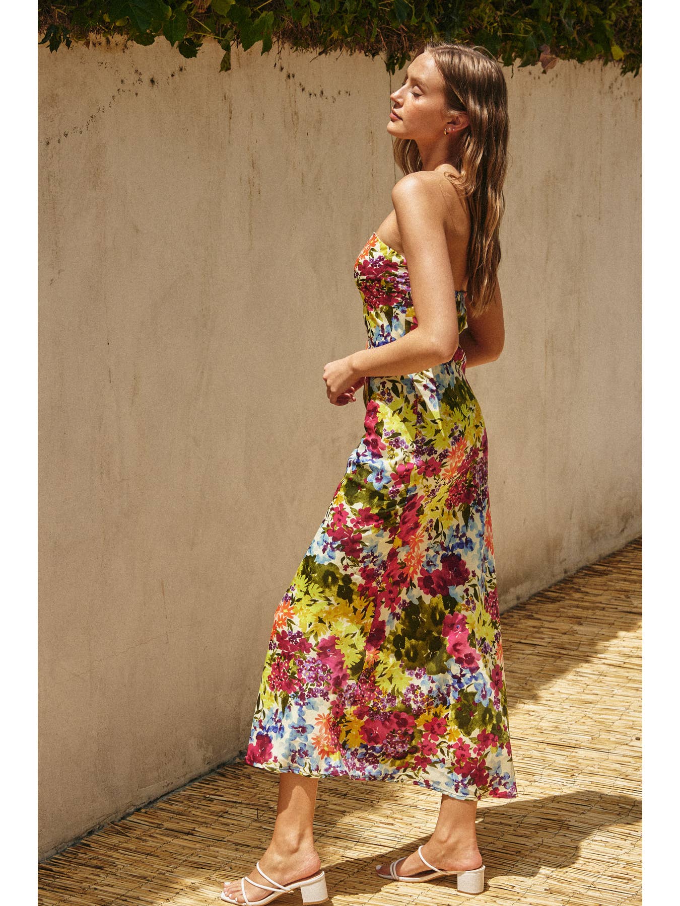 Floral Strapless Bias Cut Maxi Dress