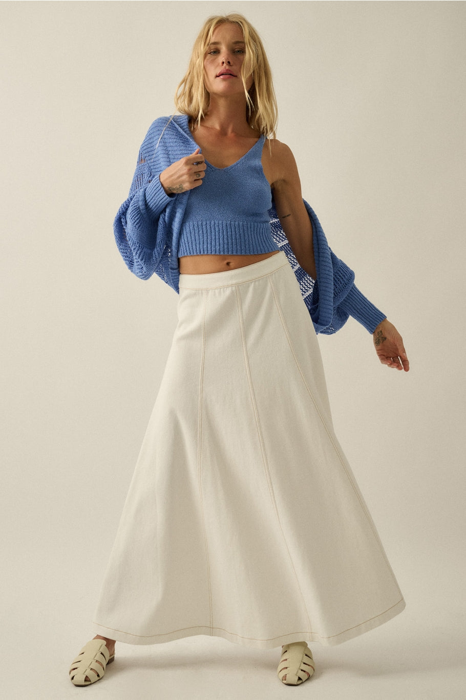 Denim Paneled A-Line Maxi Skirt