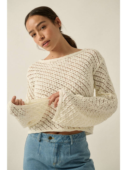 Solid Crochet-Knit Bell-Sleeve Cropped Sweater