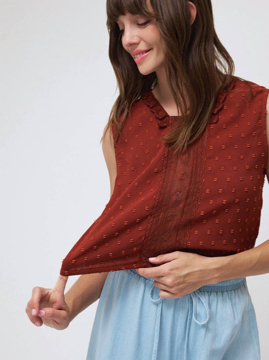 Square Neck Lace Trim Elastic Waist Blouse Top