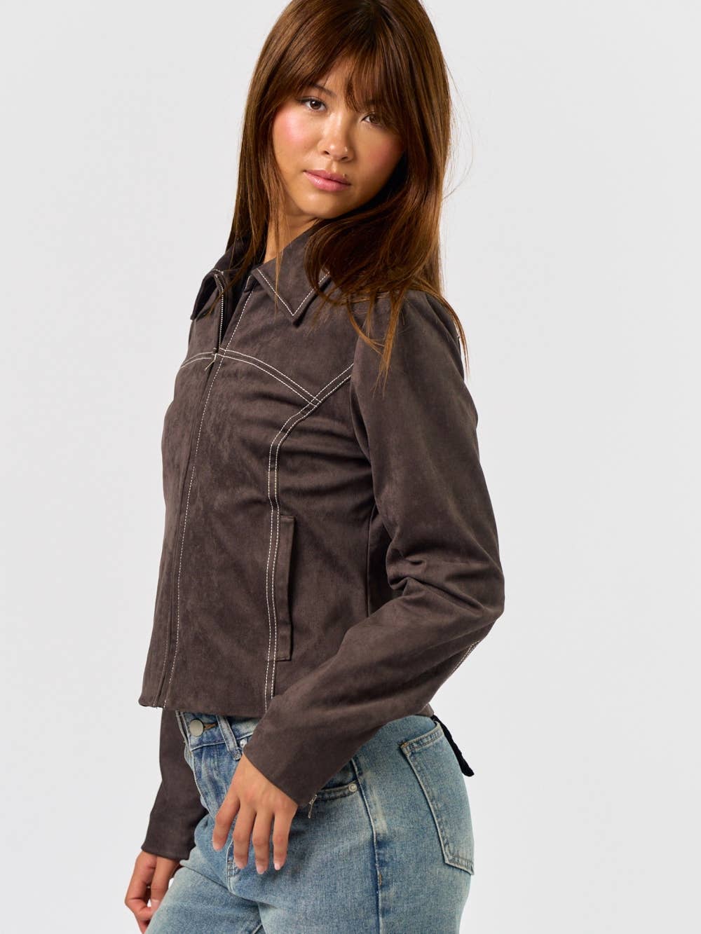 Suede Jacket with Contrast Stitching