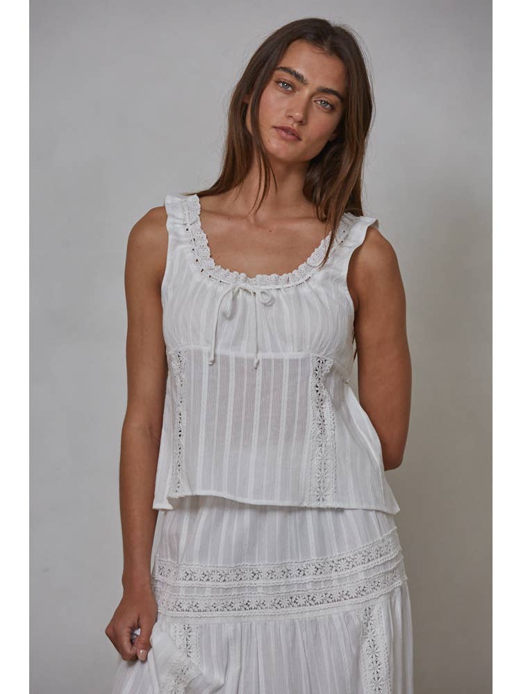 Woven Cotton Scoop Neck Lace Detail Sleeveless Top