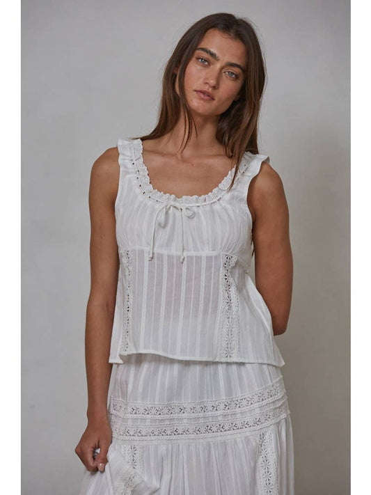Woven Cotton Scoop Neck Lace Detail Sleeveless Top