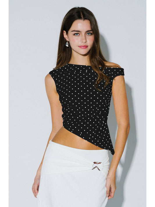 Polka Dot Asymmetrical Off Shoulder Top