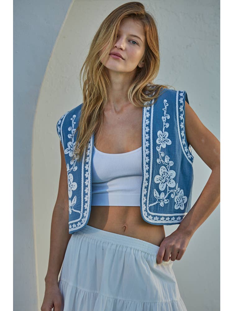 Cotton Floral Embroidered Open Front Vest Top