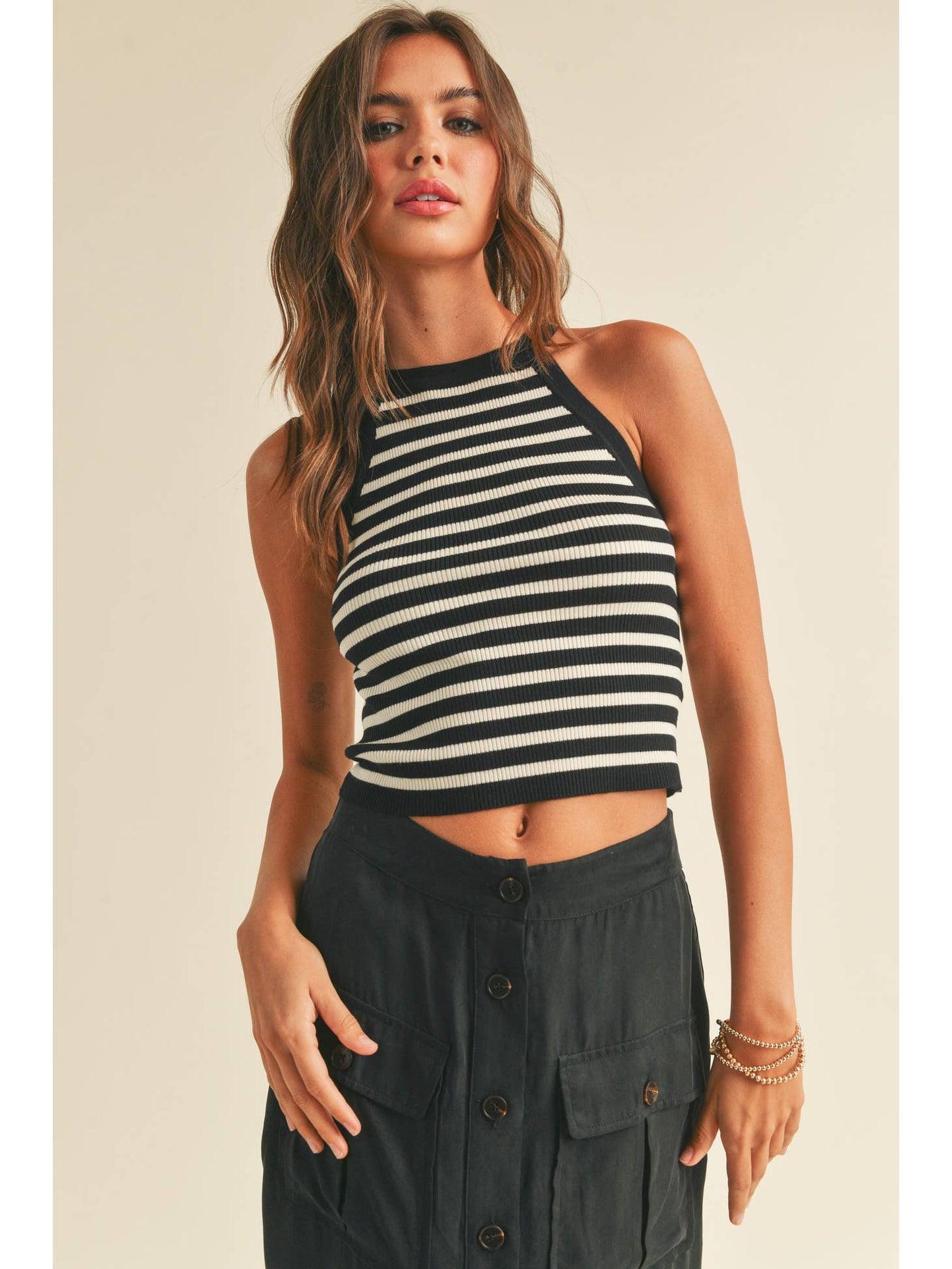 Knitted Striped High Neck Top