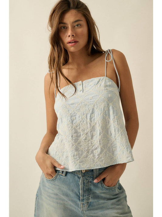Floral-Embroidered Button-Detail Tied-Strap Cami Top