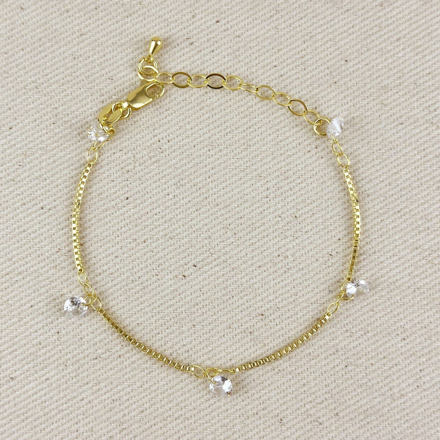 18K Gold Filled Box Chain & Cz Stones Bracelet